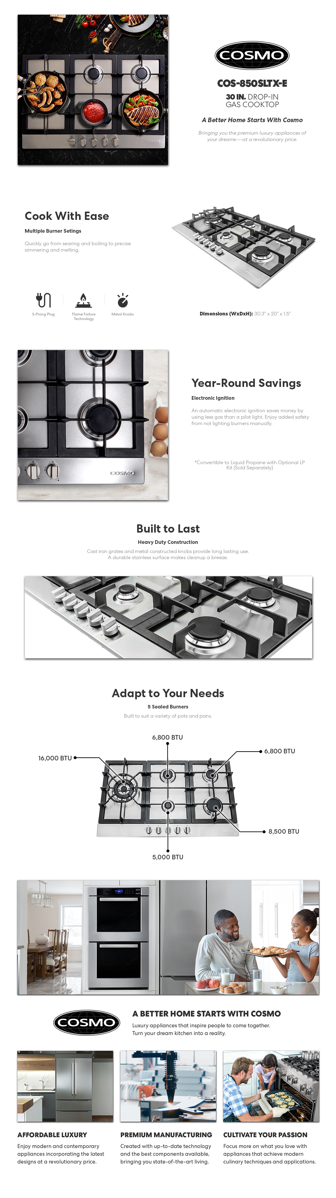 Cosmo 30 in. Gas Cooktop in Stainless Steel with 5 Sealed Brass Burners